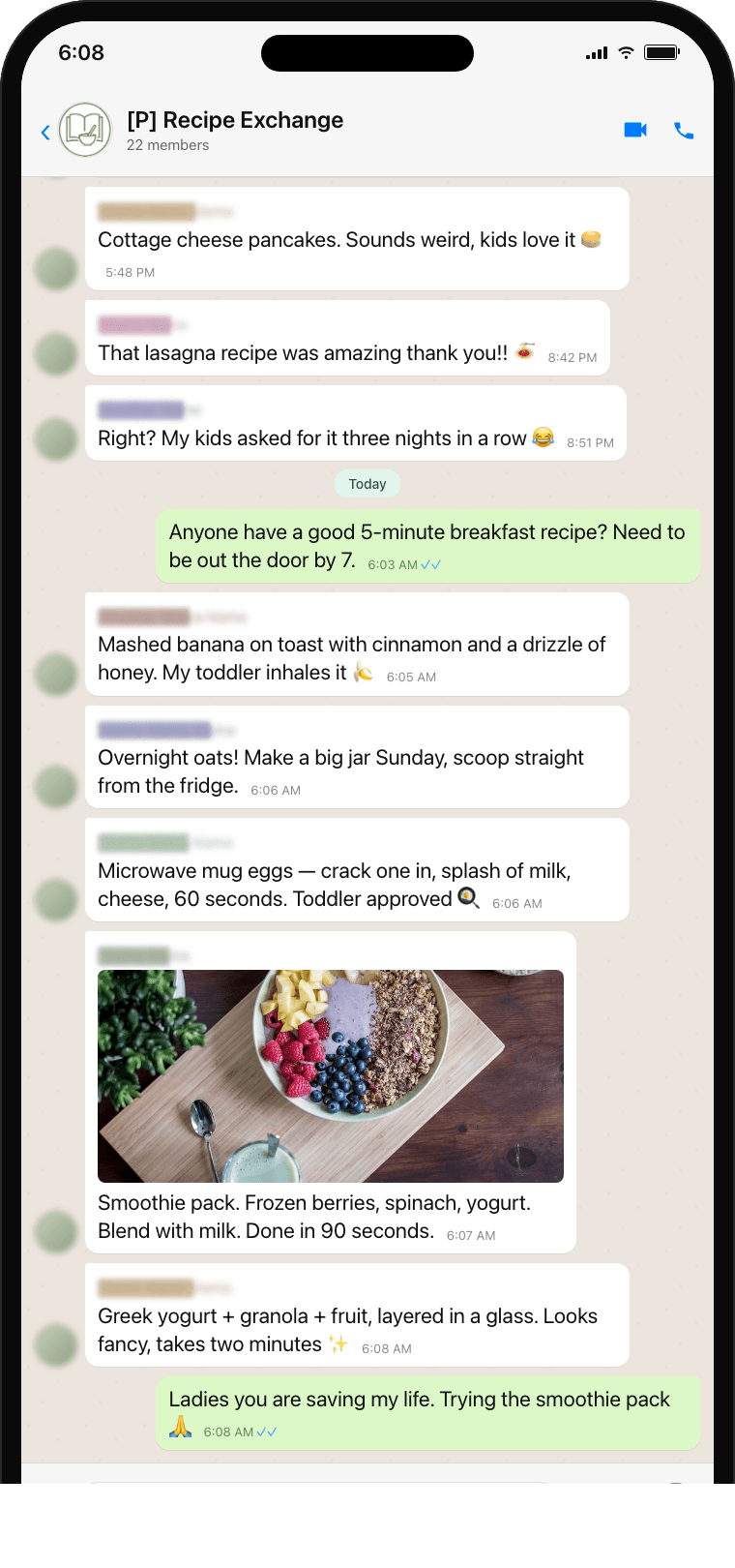 An iPhone showing the Recipe Exchange WhatsApp group, with mothers trading 5-minute breakfast ideas in real time