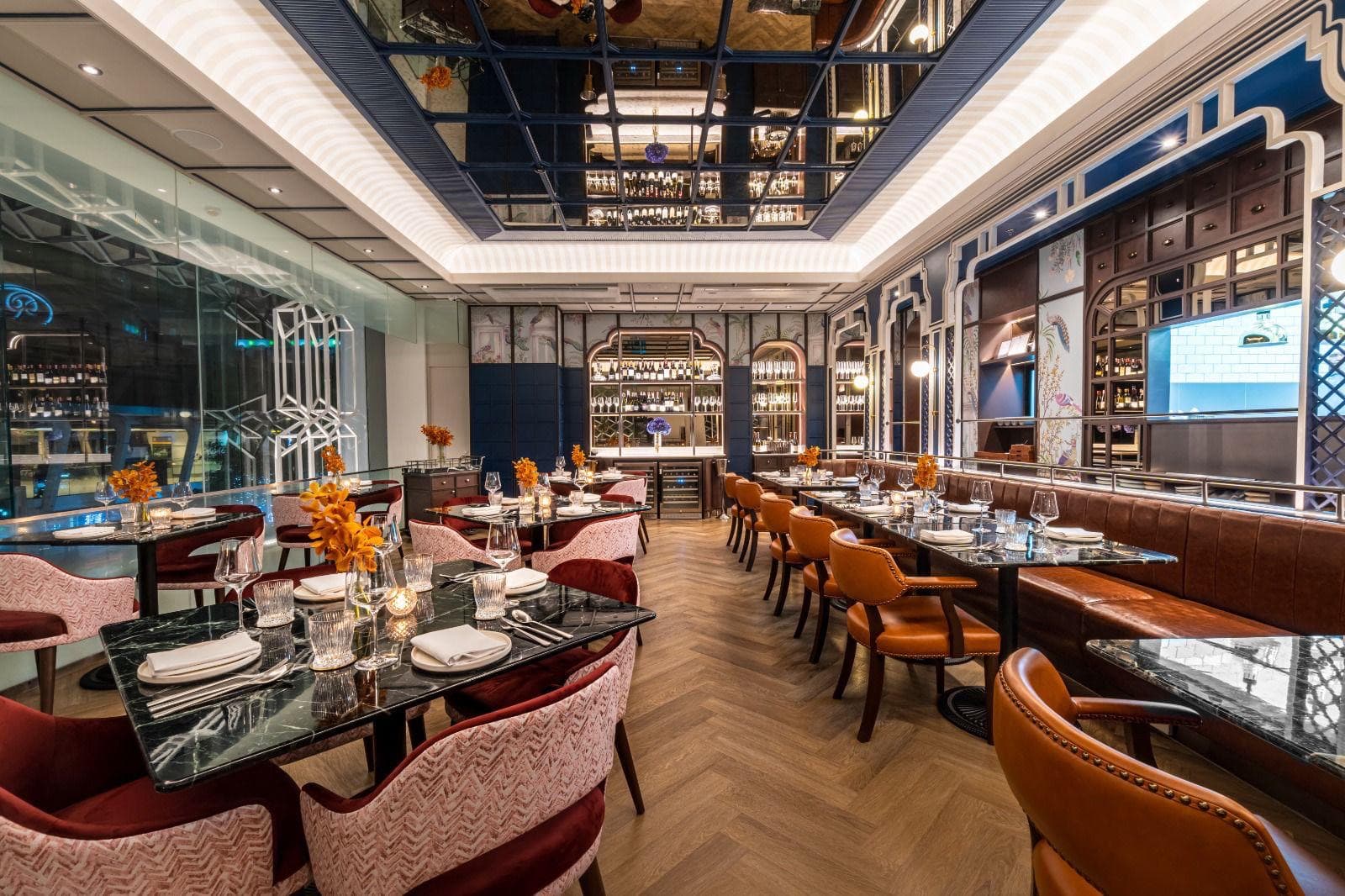 The blue and brass dining room at Jharokha by Indus, Erawan Bangkok, Ploenchit